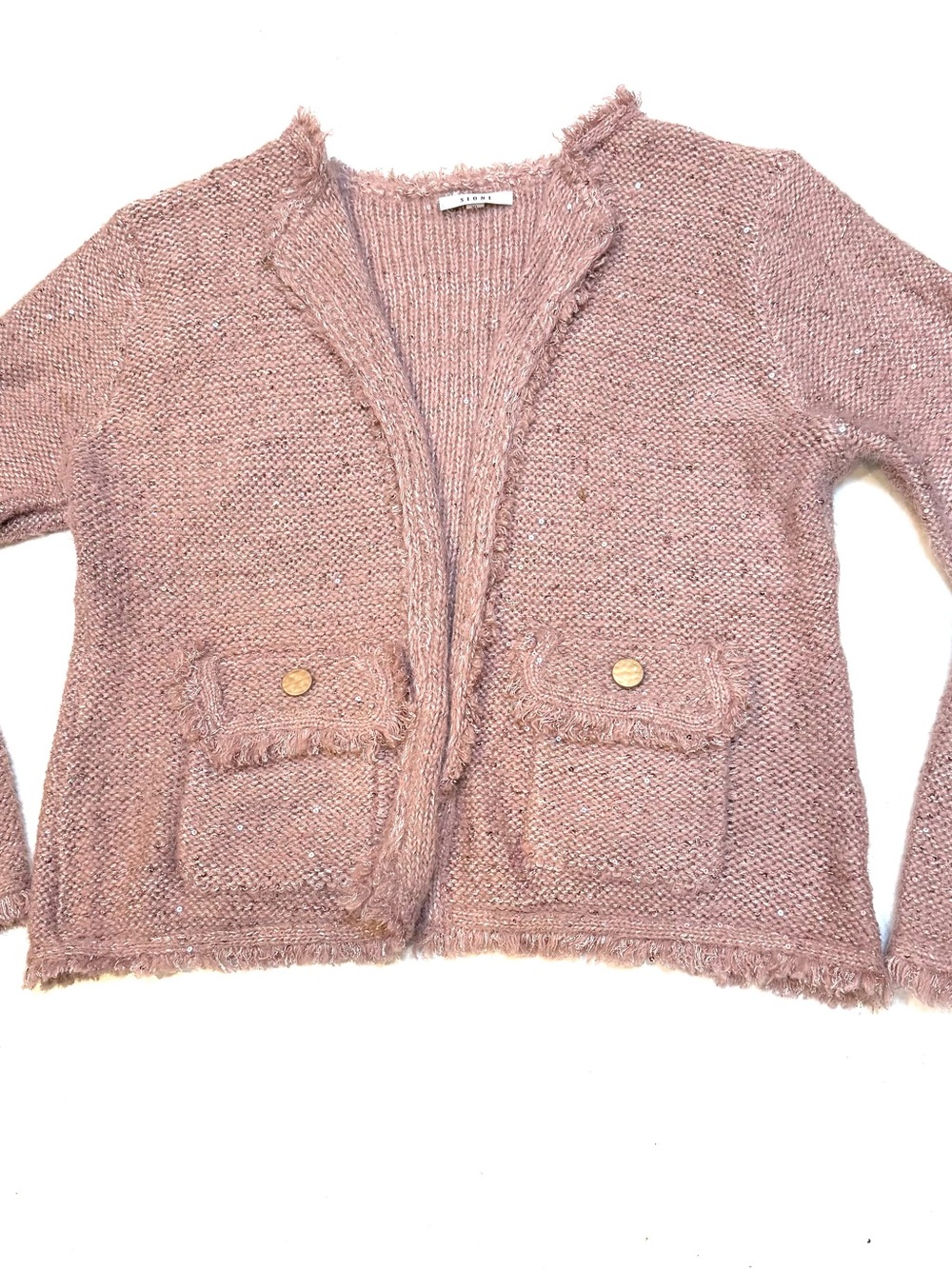 Sioni Blush Pink Frayed Trim Knit Cardigan